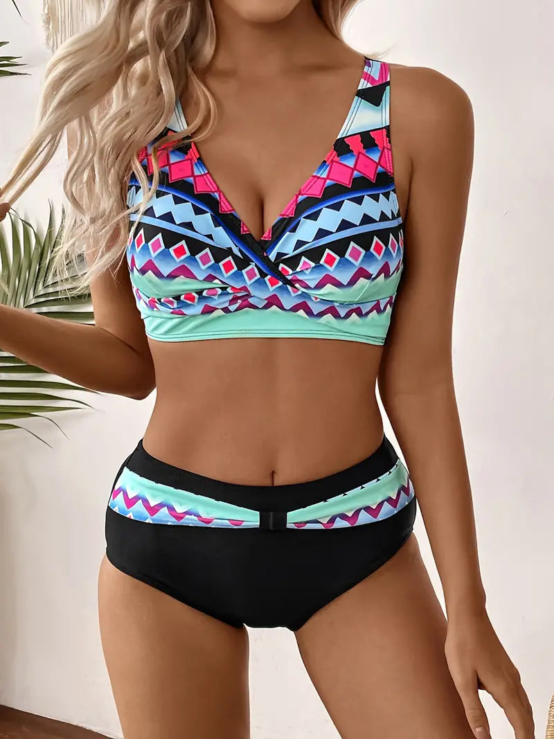 EP | Bikini col V imprimé aléatoire à la mode et chic