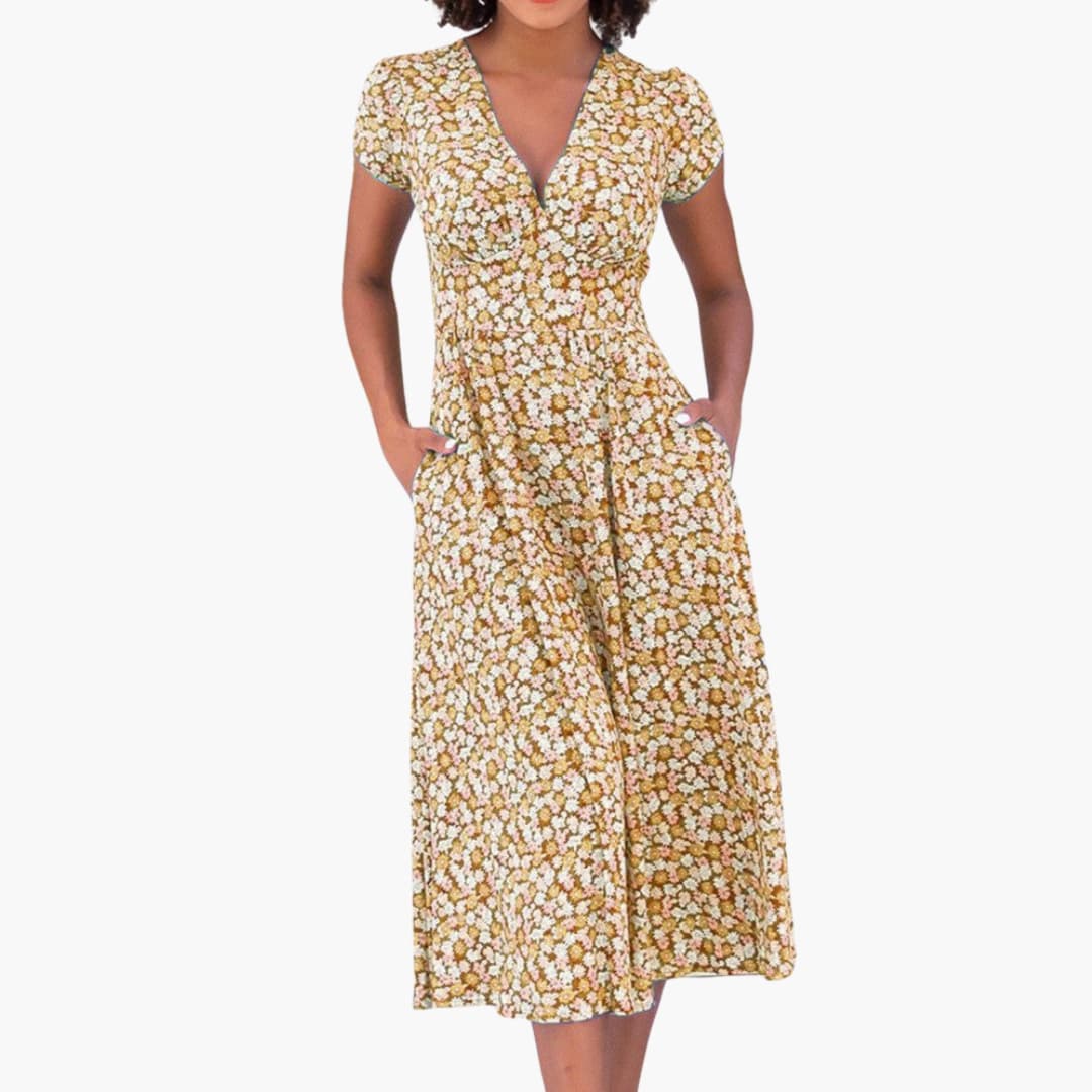 EP | Robe midi fleurie pour femme avec poches et manches courtes