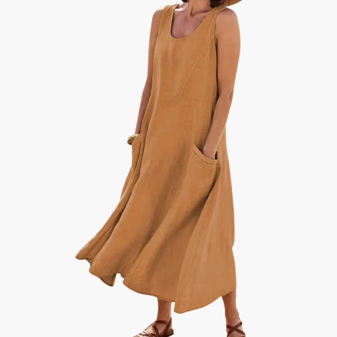 EP | Femmes lin robe midi sans manches avec col rond et poches