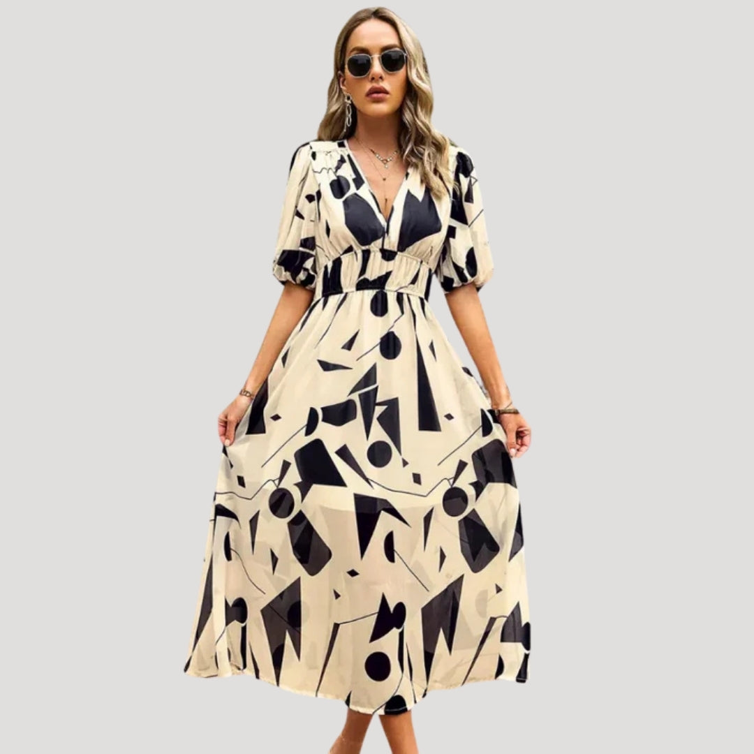 EP | Robe midi imprimée manches bouffantes décolleté en V pour femme