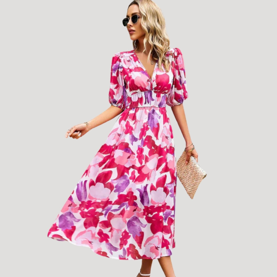 EP | Robe midi imprimée manches bouffantes décolleté en V pour femme