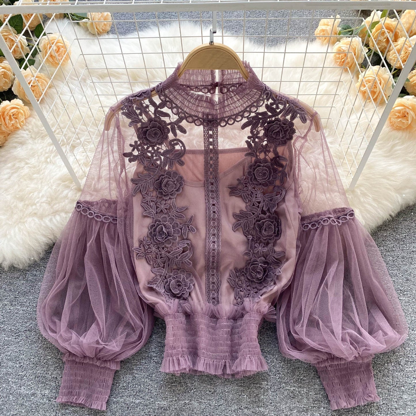 EP | Perspective Mesh Gaze Lanterne Manches Slim Haut court Femme Dentelle Leggings Maillot de corps