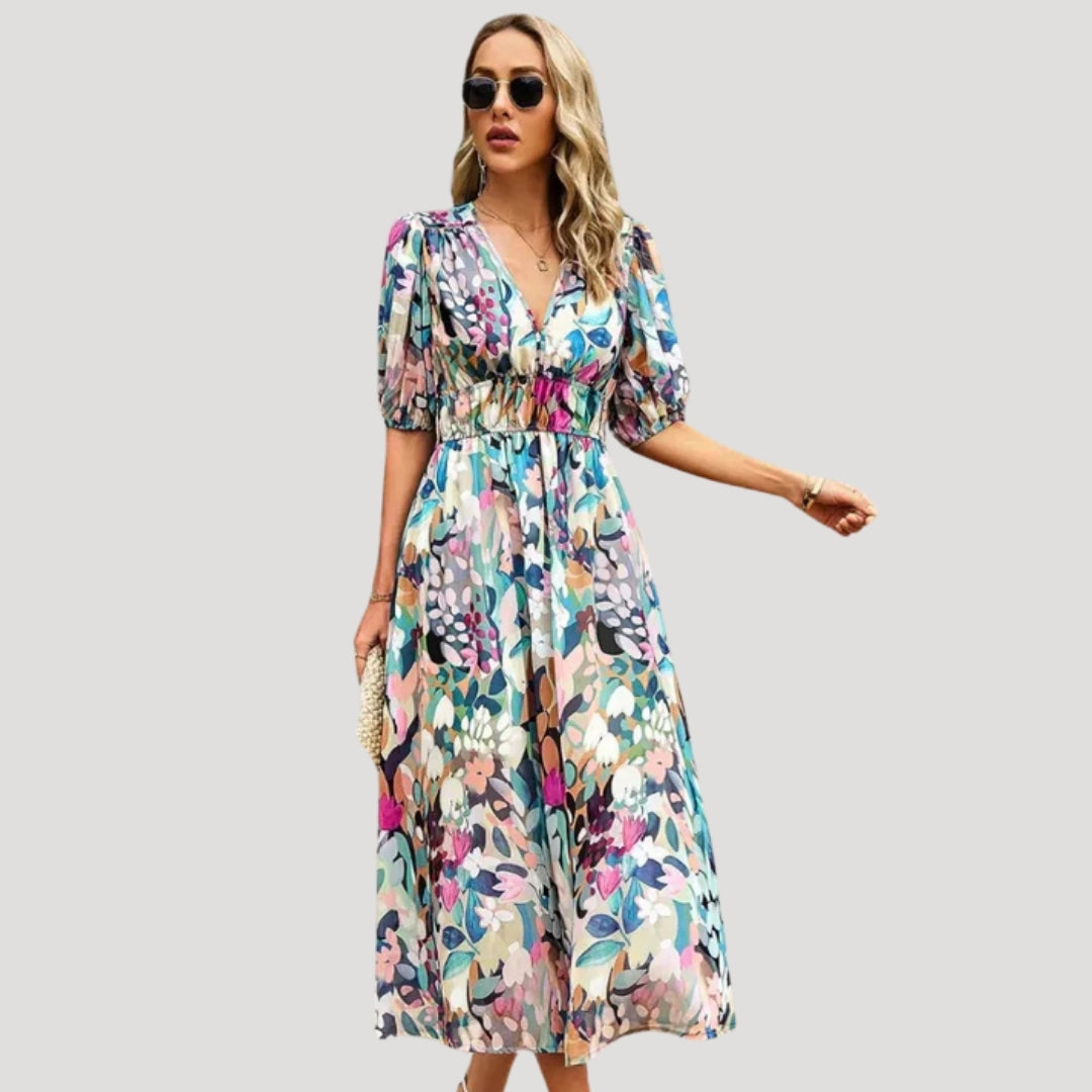 EP | Robe midi imprimée manches bouffantes décolleté en V pour femme