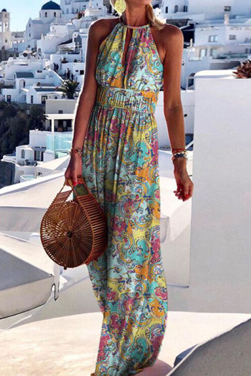 EP | Mode Bohème Print Patchwork Halter robes plissées