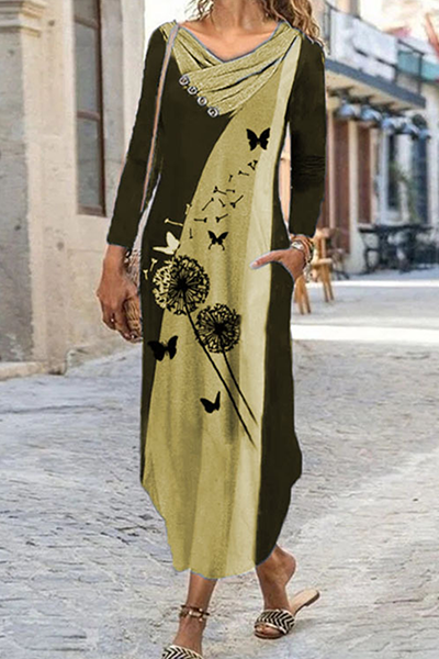 EP | Casual Print Split Joint Contrast Irregular Dresses