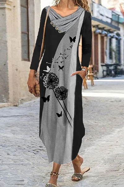 EP | Casual Print Split Joint Contrast Irregular Dresses