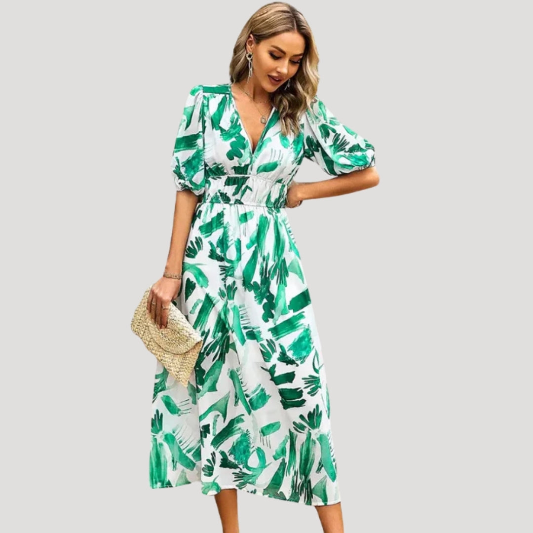 EP | Robe midi imprimée manches bouffantes décolleté en V pour femme