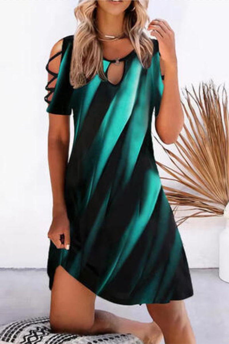 EP | Casual Geometric Hollowed Out Printing O Neck Imprimé Robe à manches courtes