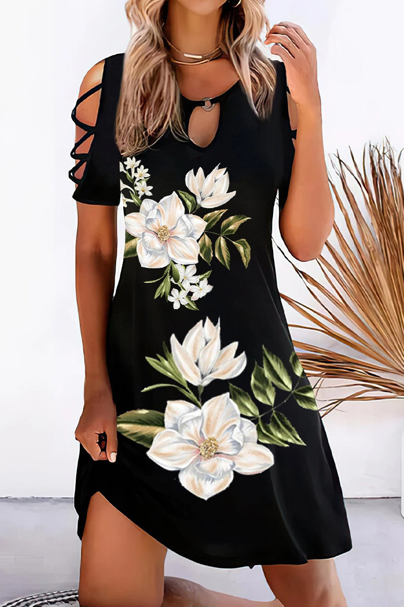 EP | Casual Geometric Hollowed Out Printing O Neck Imprimé Robe à manches courtes