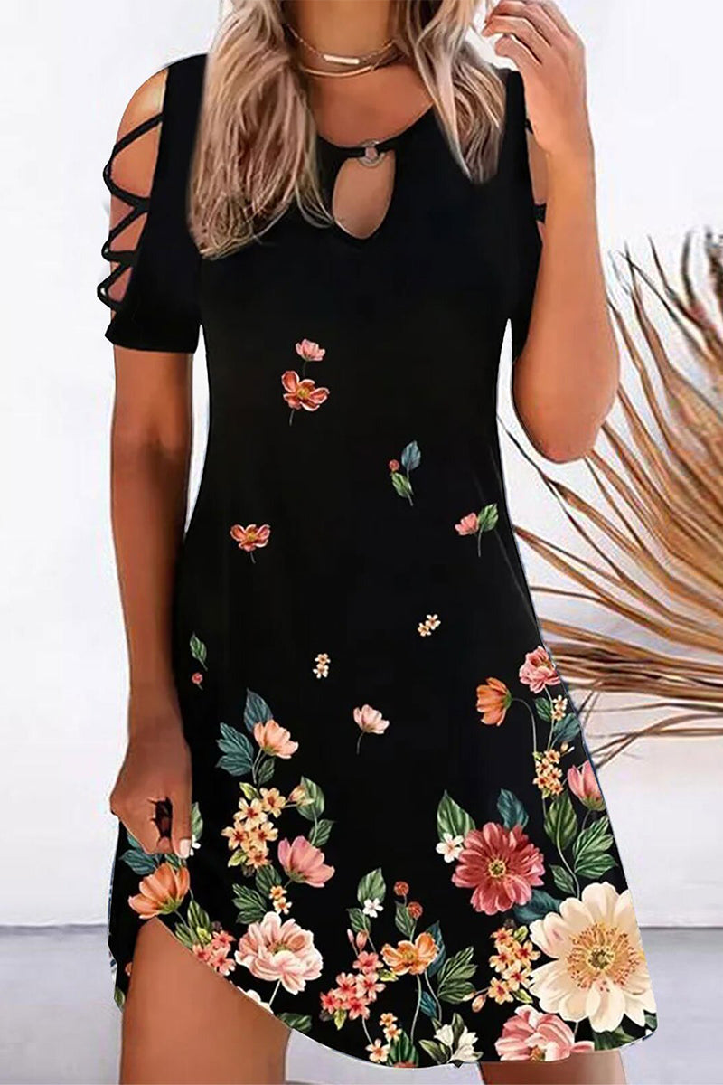 EP | Casual Geometric Hollowed Out Printing O Neck Imprimé Robe à manches courtes