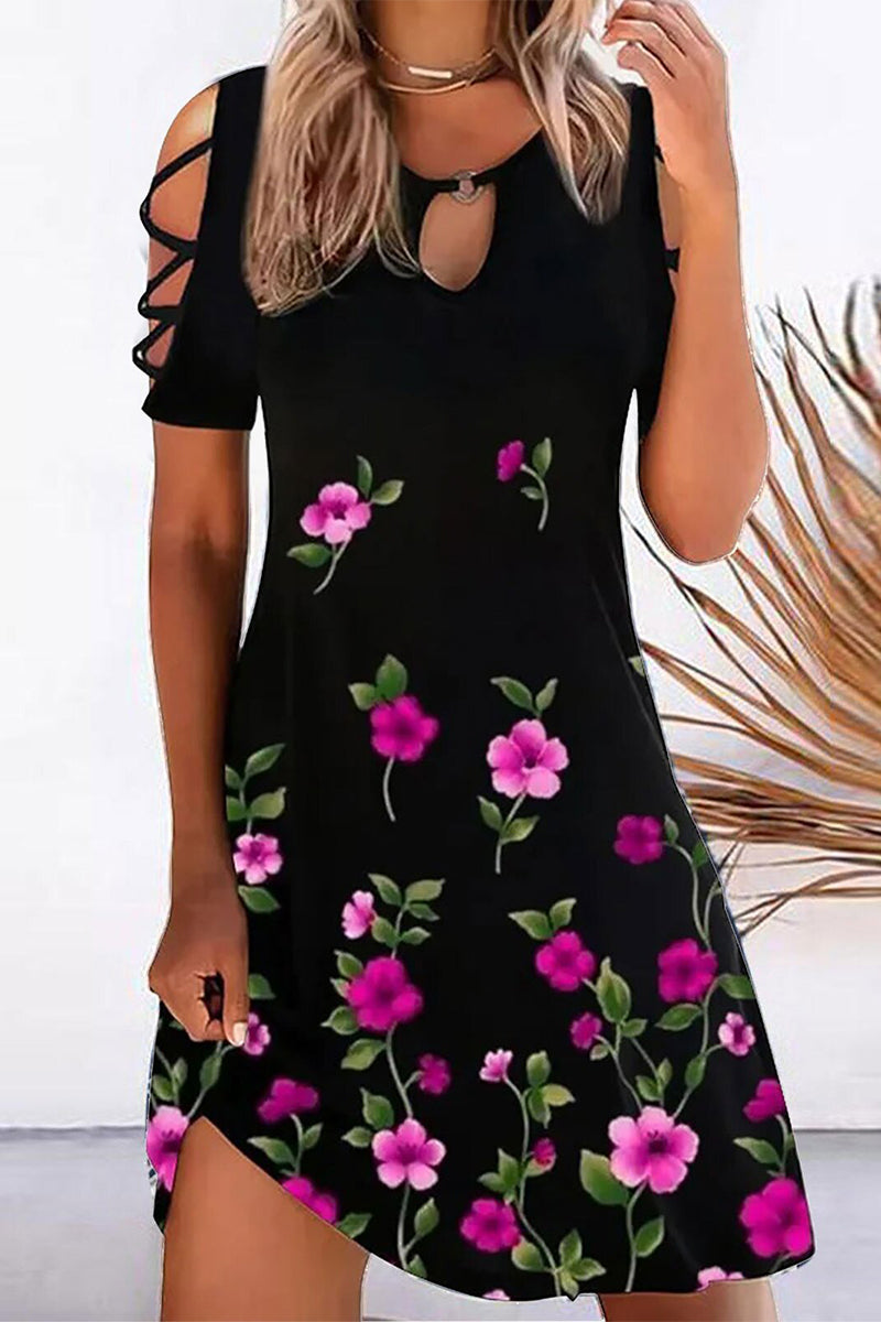 EP | Casual Geometric Hollowed Out Printing O Neck Imprimé Robe à manches courtes