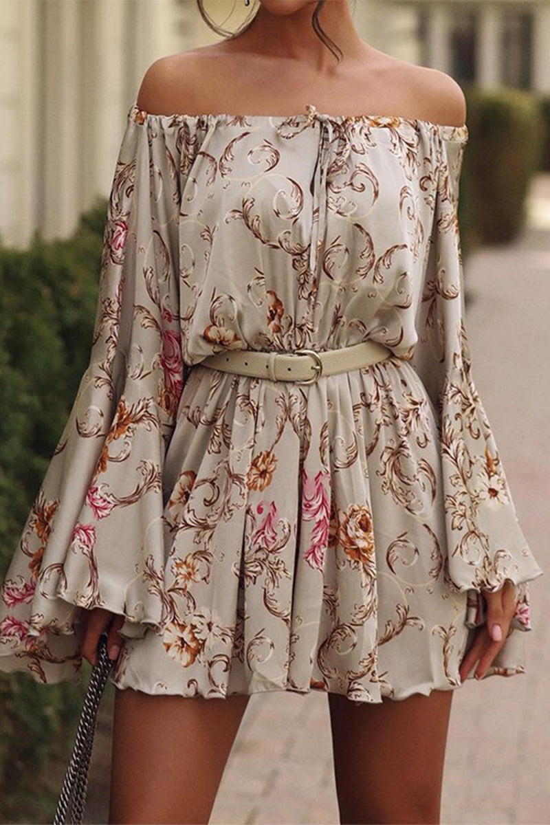 EP | Sexy floral imprimé hors de l'épaule robes de vacances avec de la dentelle (sans ceinture de taille)