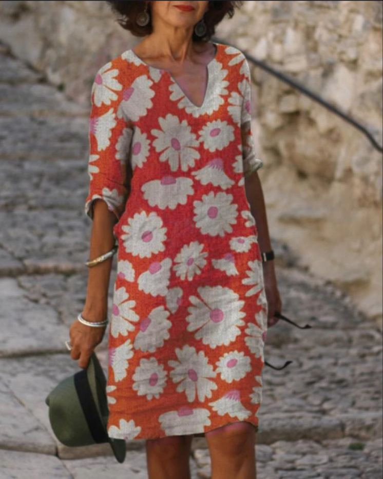 EP | Robe midi vintage avec décolleté en V et demi-manches