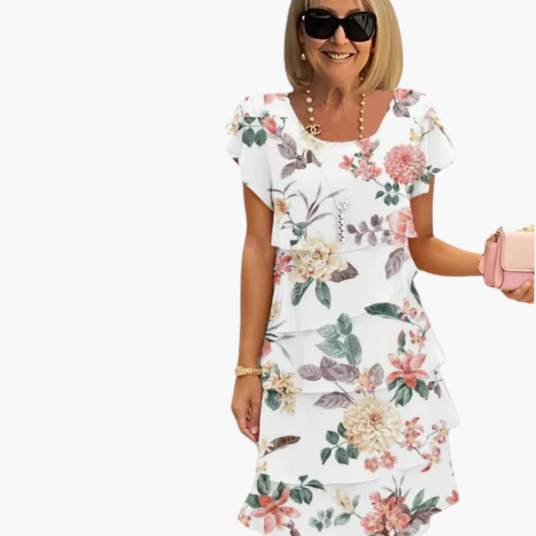 EP | Robe midi fleurie pour femme avec manches courtes et couches étagées