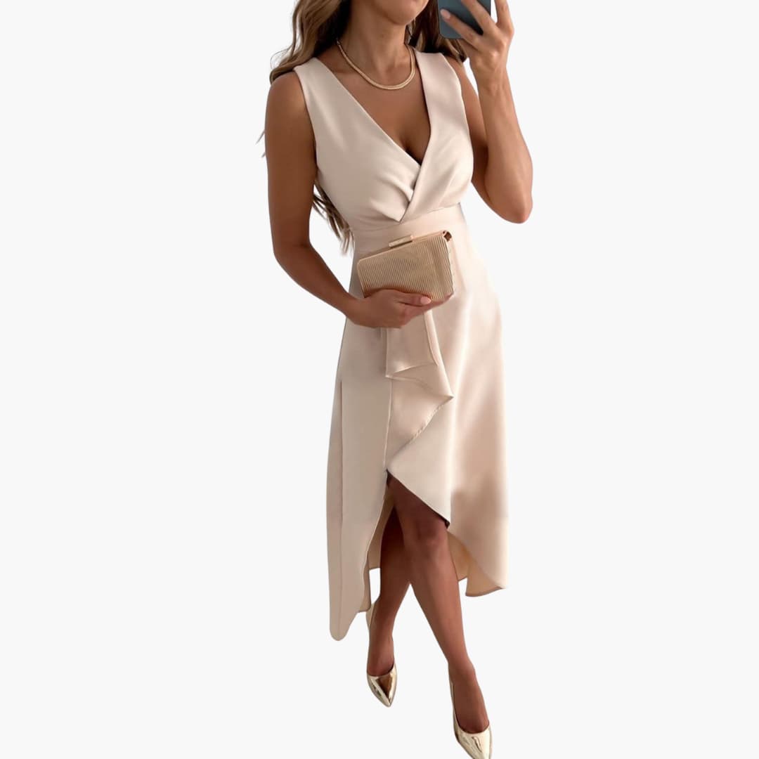 EP | Robe midi sans manches pour femme avec décolleté en V et ourlet haut-low