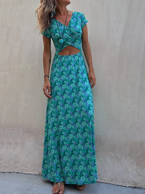 EP | Maxi-robe extensible à manches courtes, imprimé floral creux, réversible, encolure en U