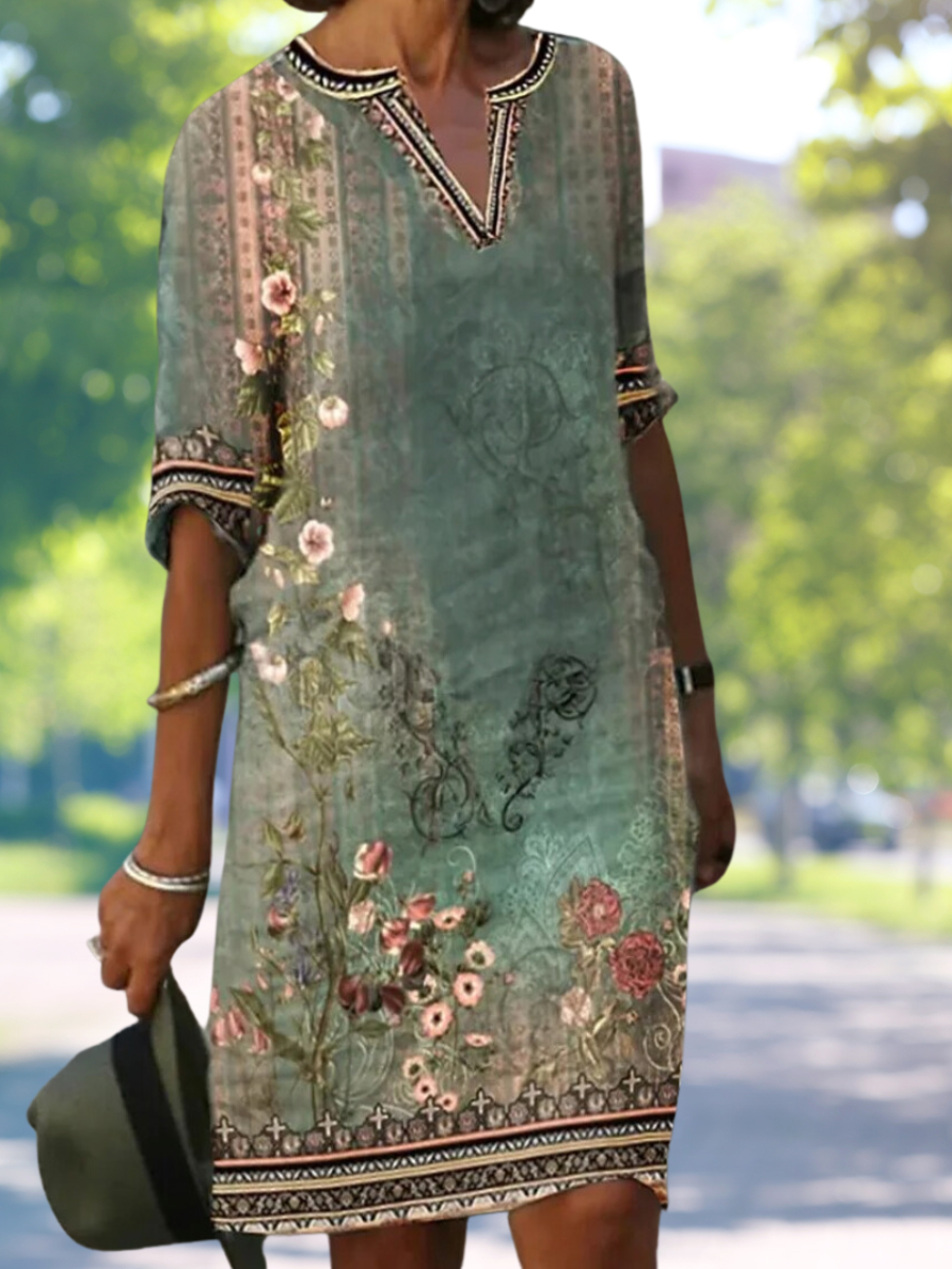 ND | Robe verte midi avec col en V et motif floral