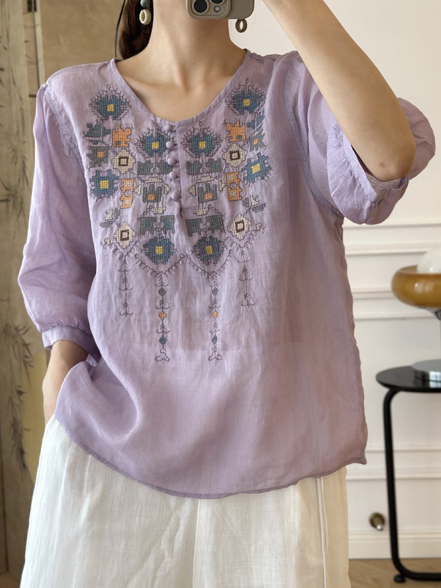 EP | Femme Eté Ethnique Broderie Ramie Shirt