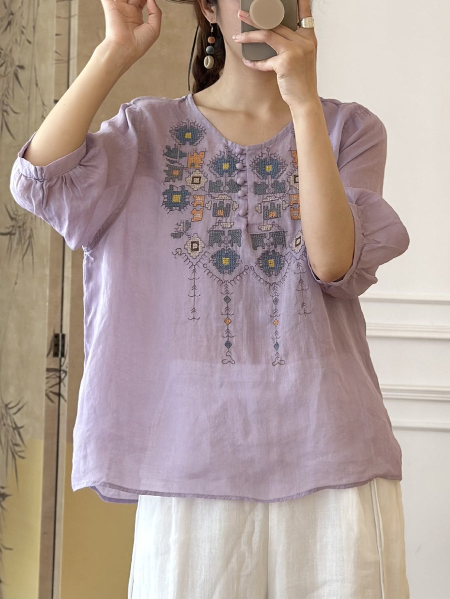 EP | Femme Eté Ethnique Broderie Ramie Shirt