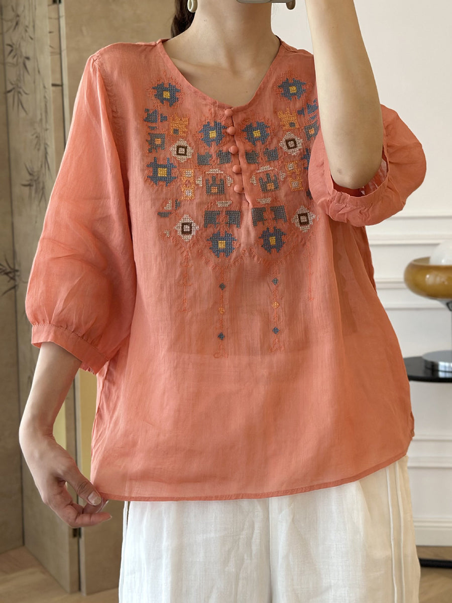 EP | Femme Eté Ethnique Broderie Ramie Shirt