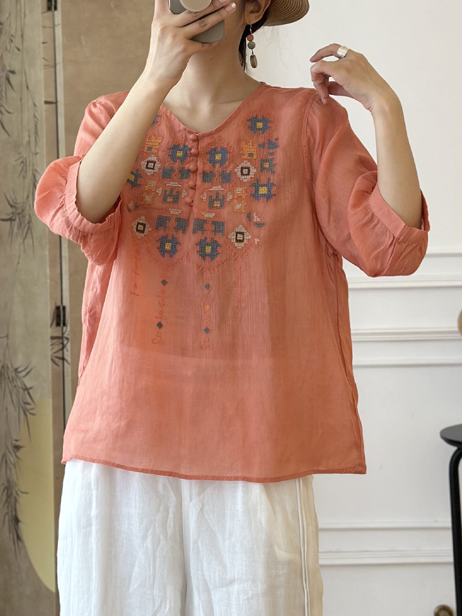 EP | Femme Eté Ethnique Broderie Ramie Shirt