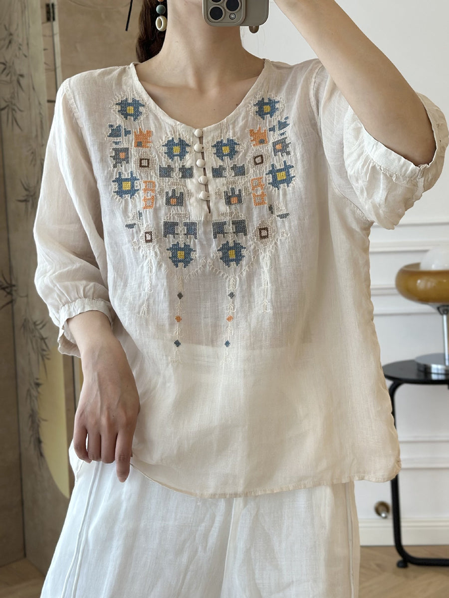 EP | Femme Eté Ethnique Broderie Ramie Shirt