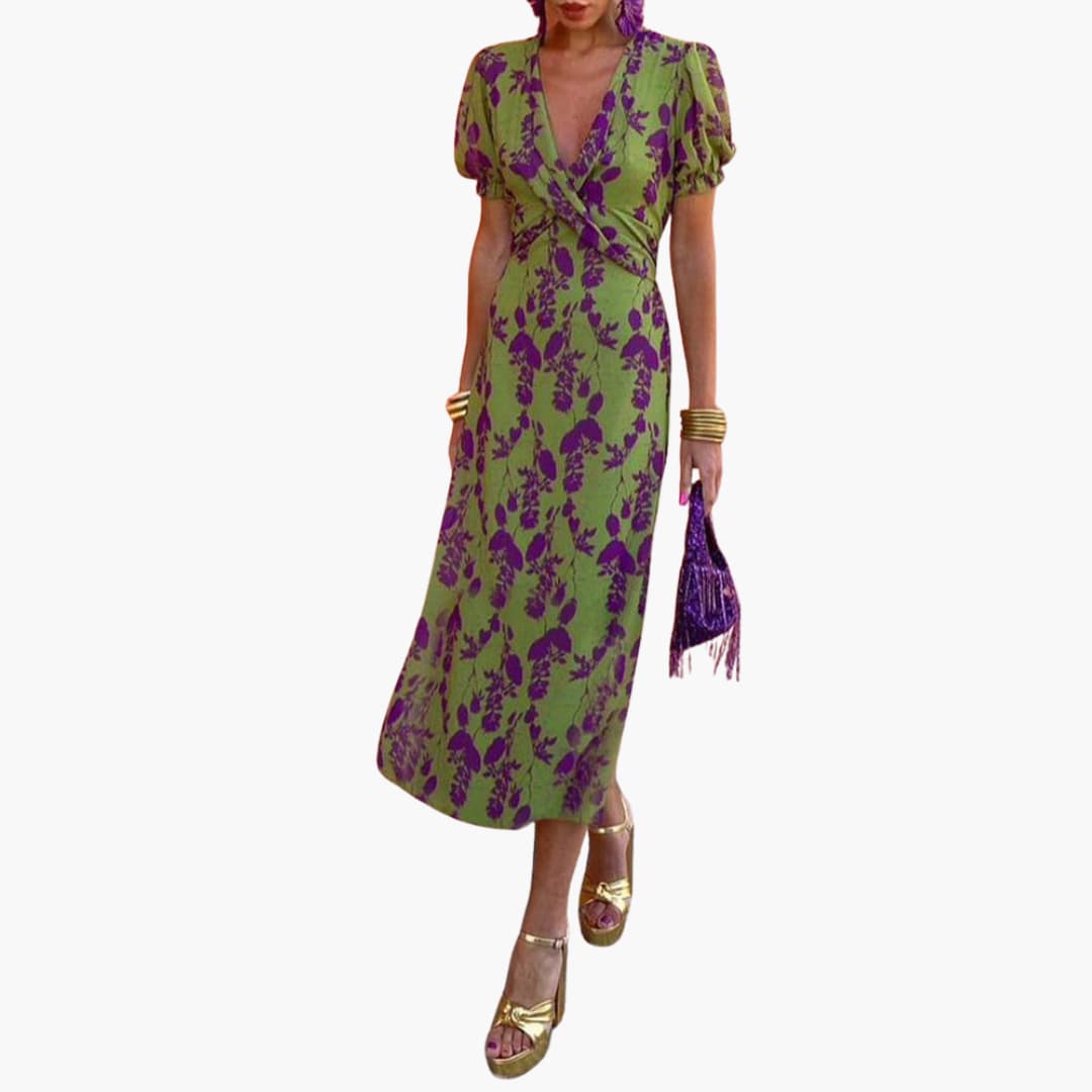 EP | Robe midi d'été pour femme avec manches bouffantes et taille twistée