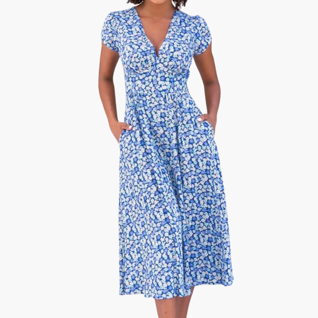 EP | Robe midi fleurie pour femme avec poches et manches courtes