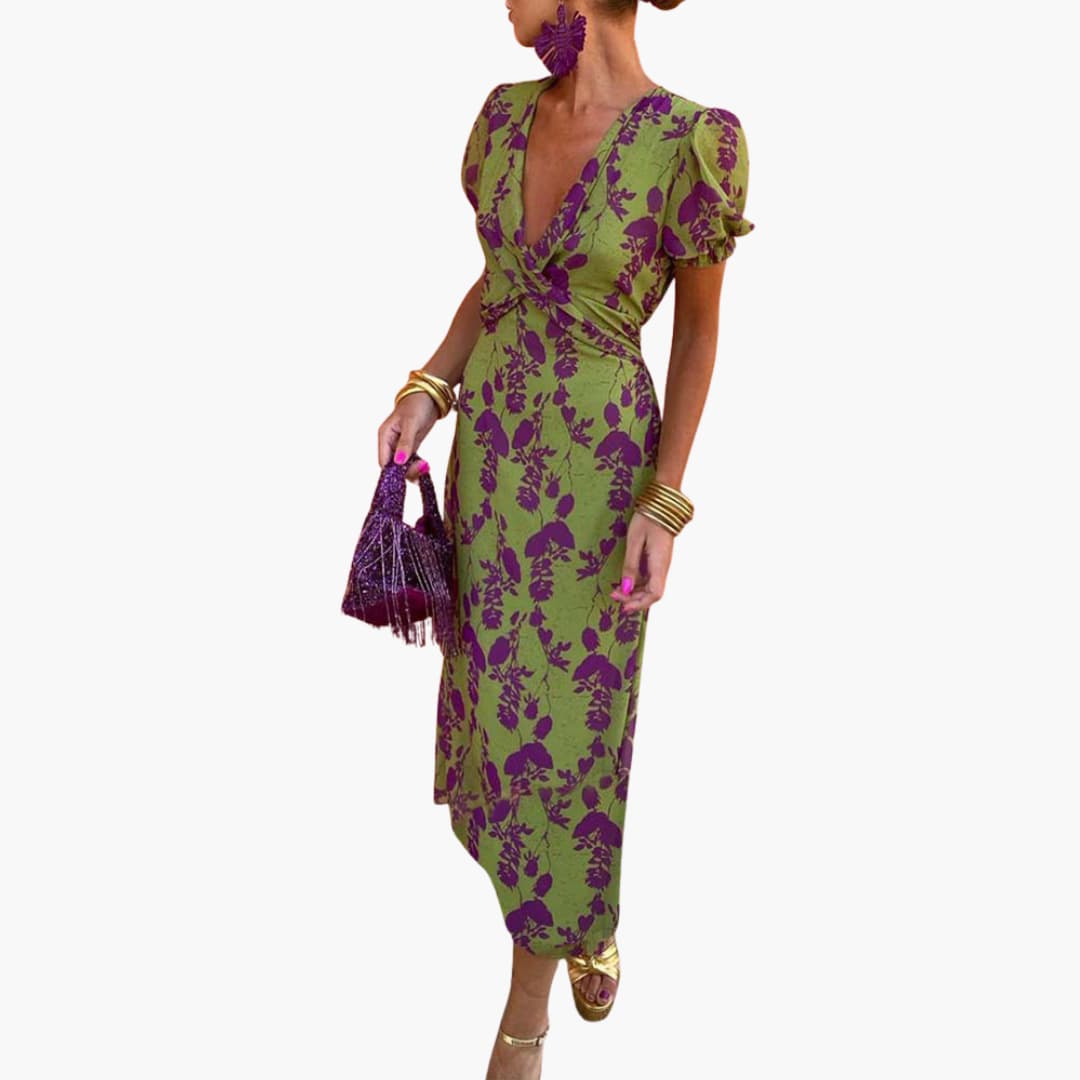 EP | Robe midi d'été pour femme avec manches bouffantes et taille twistée
