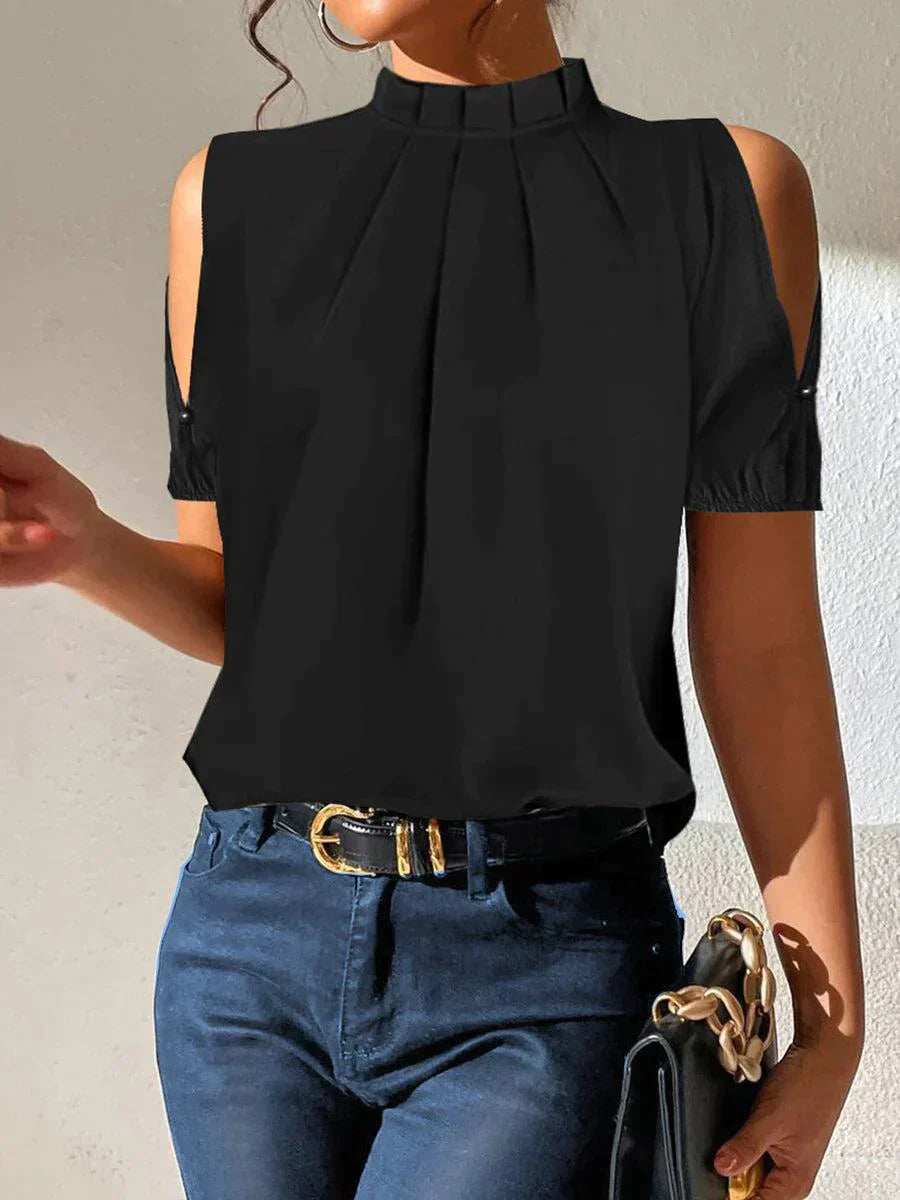 ND | Top plissé noir chic à manches ouvertes