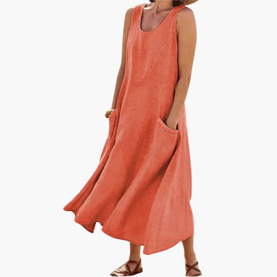 EP | Femmes lin robe midi sans manches avec col rond et poches