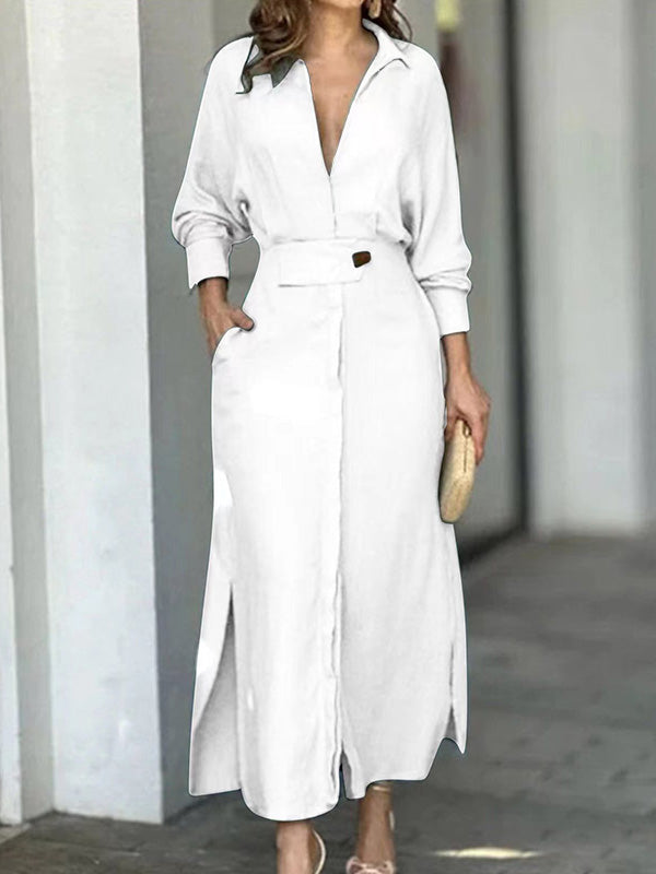 EP | Robe monochrome à la mode en coton et lin avec col en V