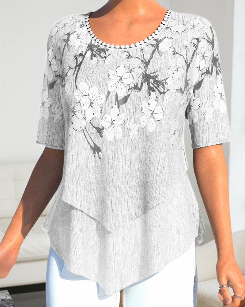 EP | Impression florale Col rond Manches courtes Fronces Tunique Shirt