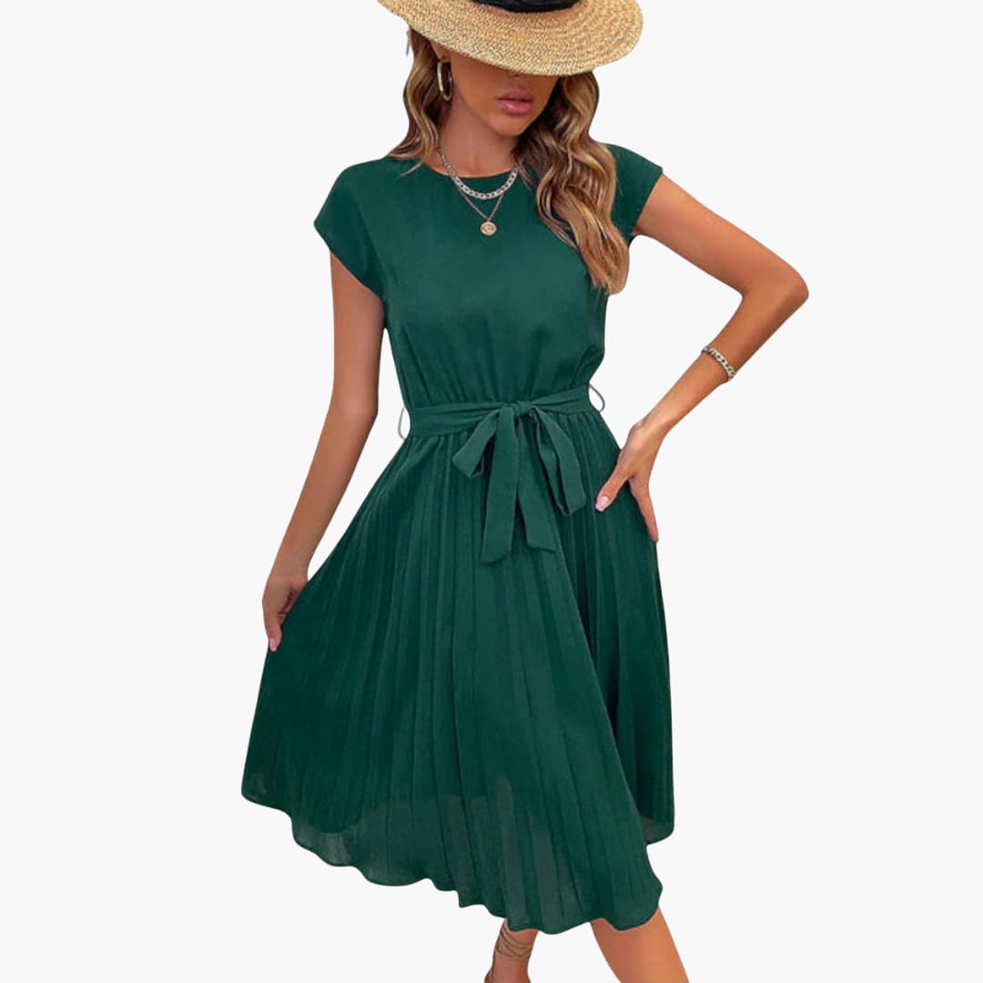EP | Robe midi décontractée pour femme avec jupe plissée et ceinture à nouer