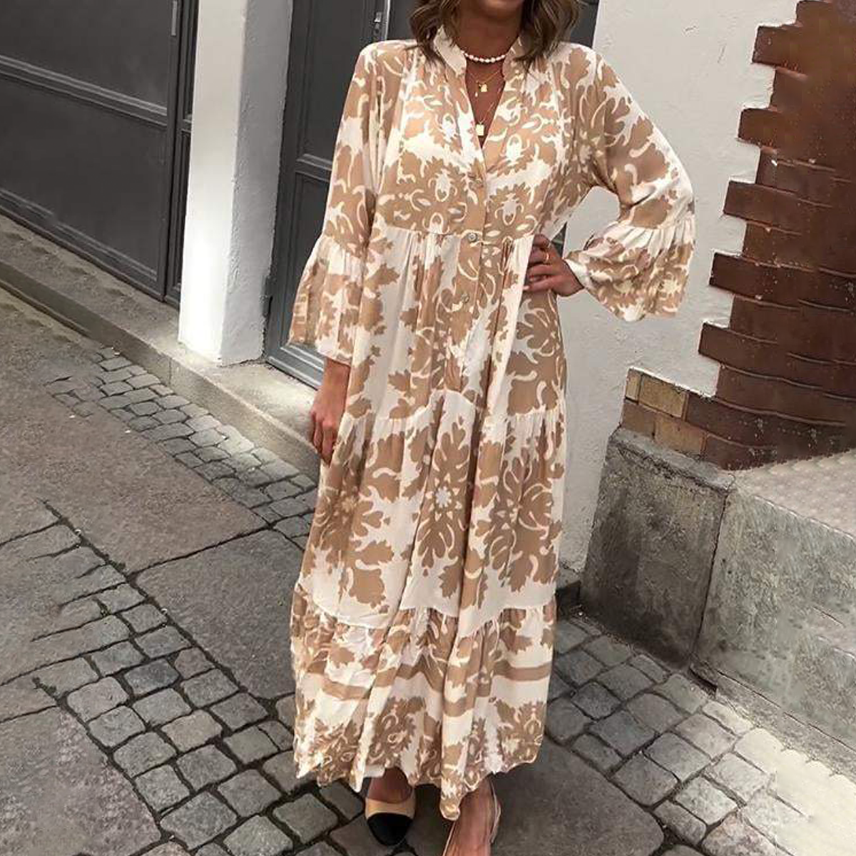 EP | Robe maxi attractive avec décolleté en V et manches 3/4