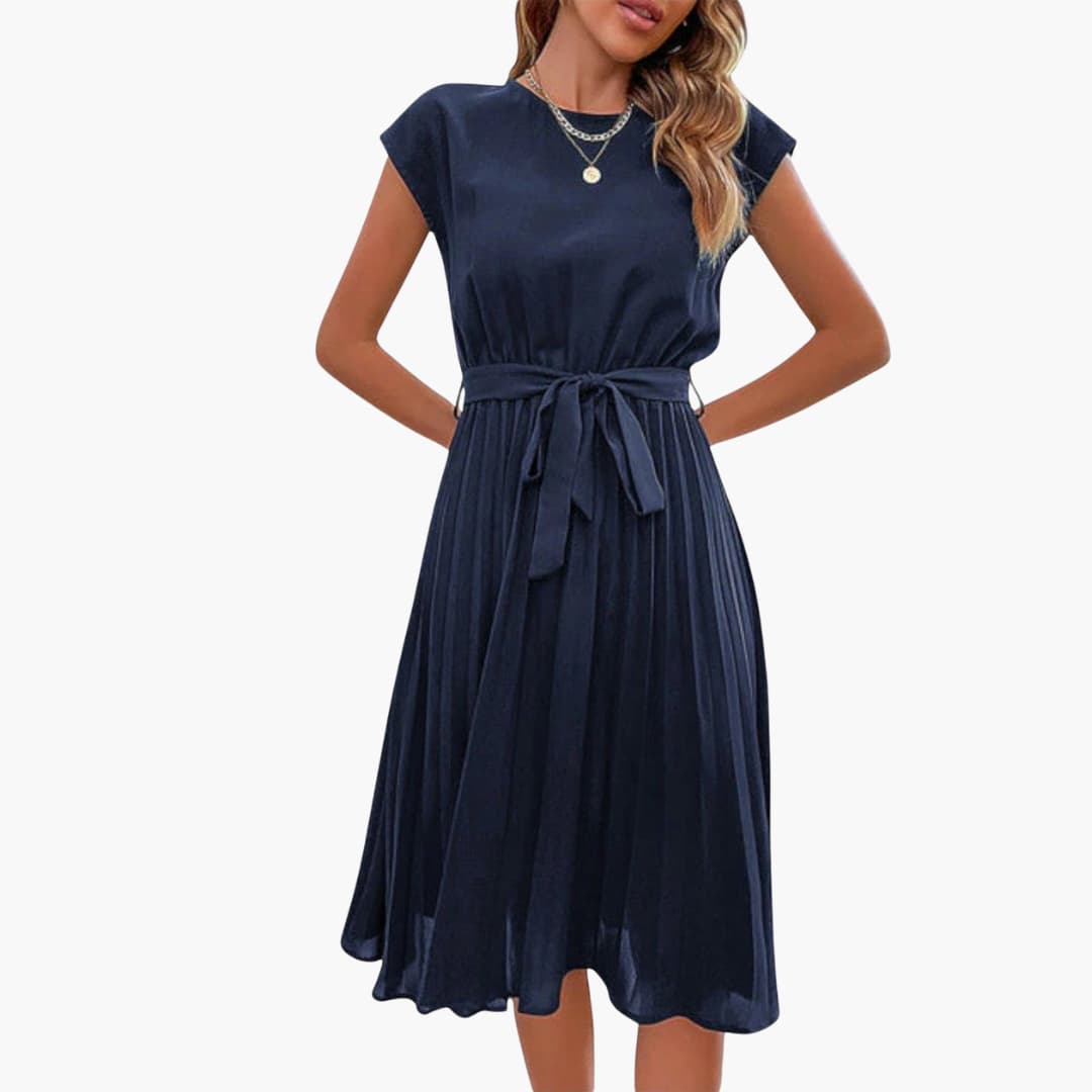 EP | Robe midi décontractée pour femme avec jupe plissée et ceinture à nouer