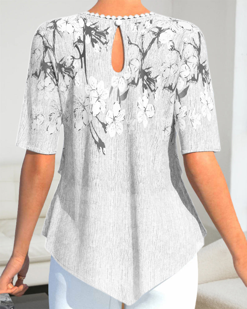 EP | Impression florale Col rond Manches courtes Fronces Tunique Shirt