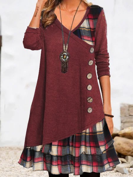 EP | Géométrique Quotidienne Manches Longues A-Ligne Boutonnée Robe Midi
