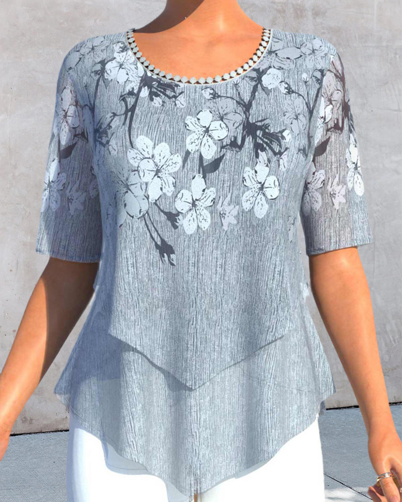 EP | Impression florale Col rond Manches courtes Fronces Tunique Shirt
