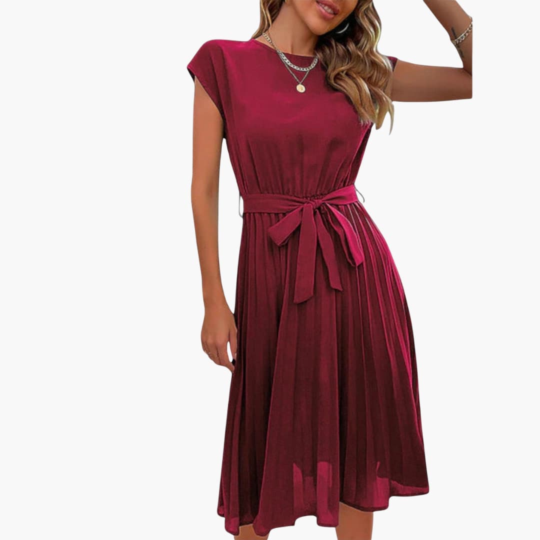 EP | Robe midi décontractée pour femme avec jupe plissée et ceinture à nouer