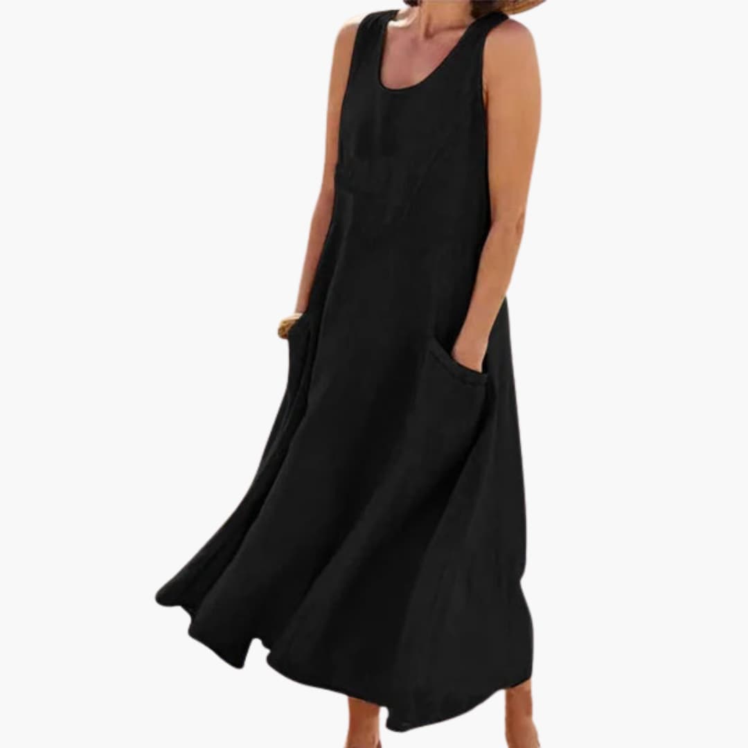 EP | Femmes lin robe midi sans manches avec col rond et poches