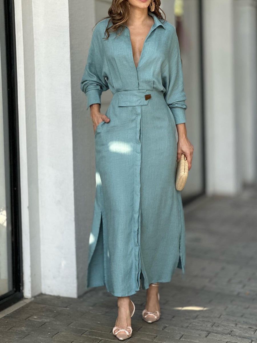 EP | Robe monochrome à la mode en coton et lin avec col en V