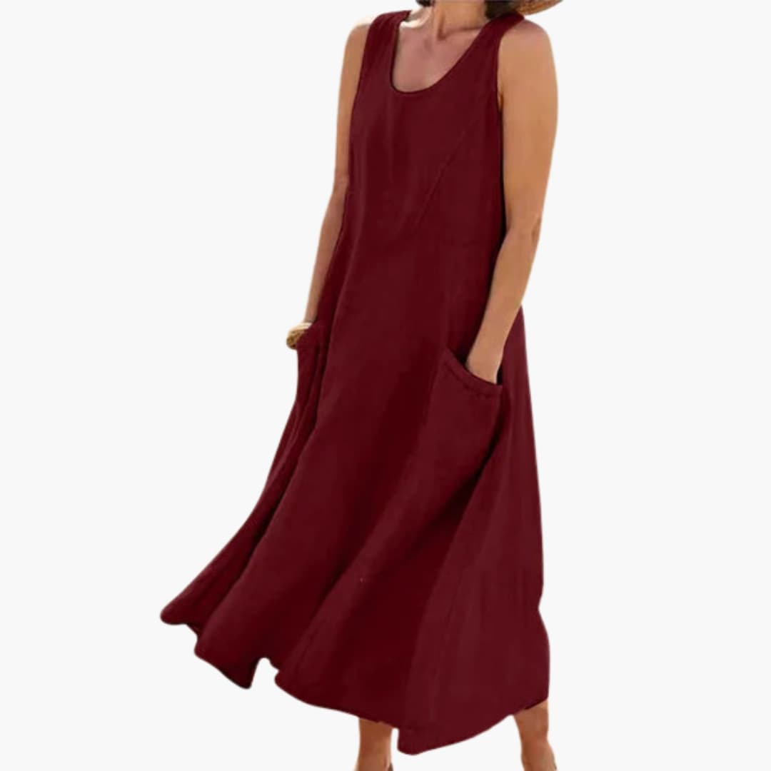 EP | Femmes lin robe midi sans manches avec col rond et poches
