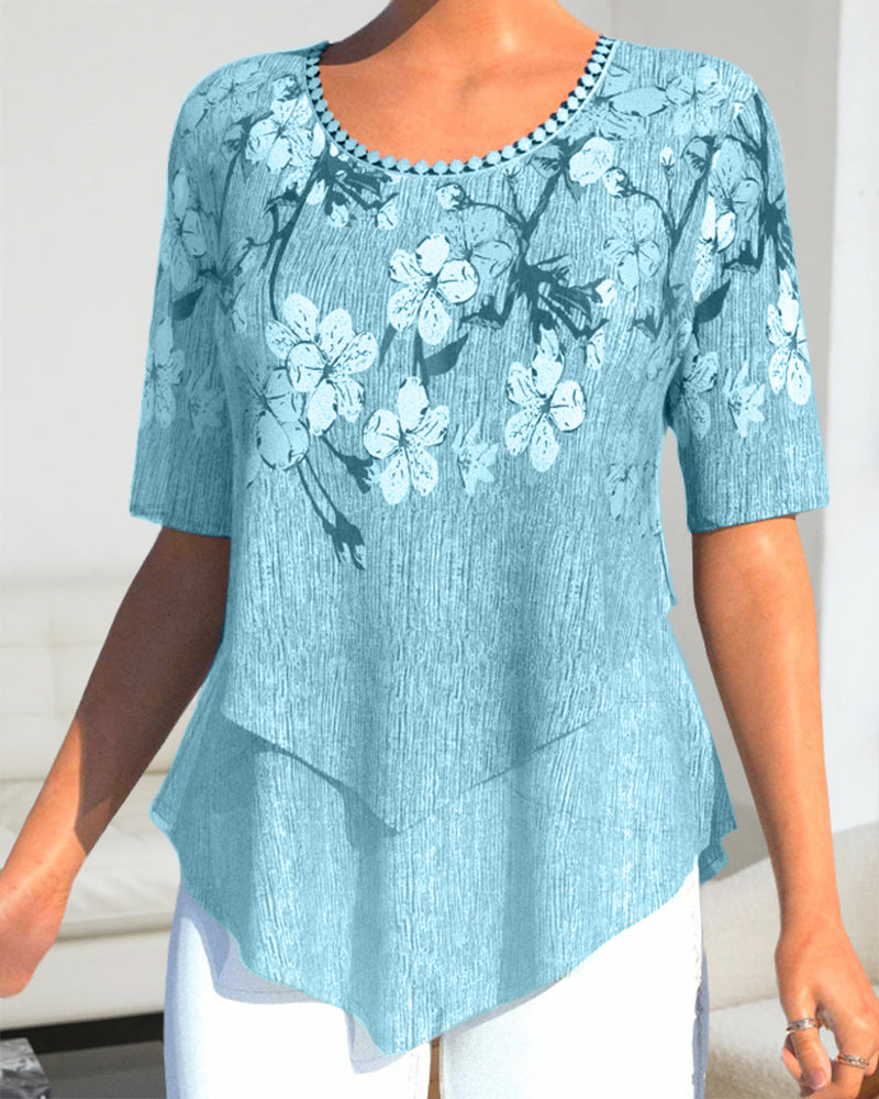 EP | Impression florale Col rond Manches courtes Fronces Tunique Shirt
