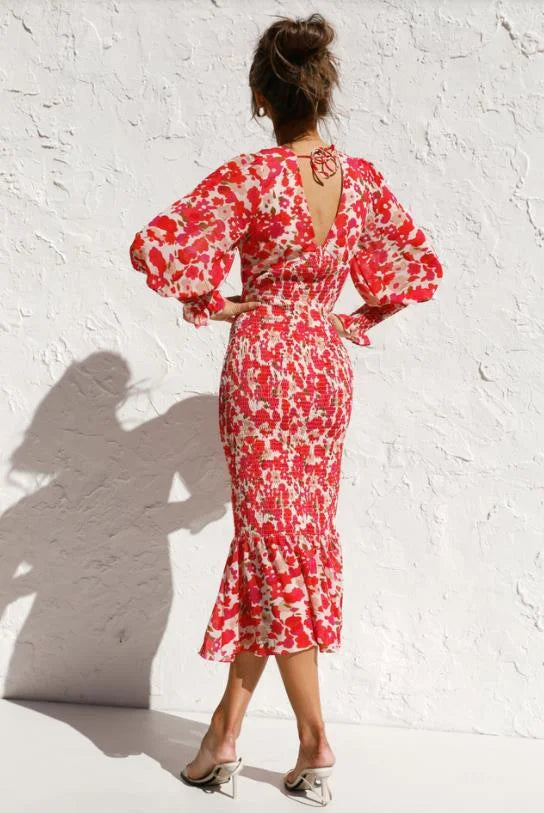 EP | Robe midi femme - décolleté profond en V - manches ballon - ourlet ruché - silhouette cintrée