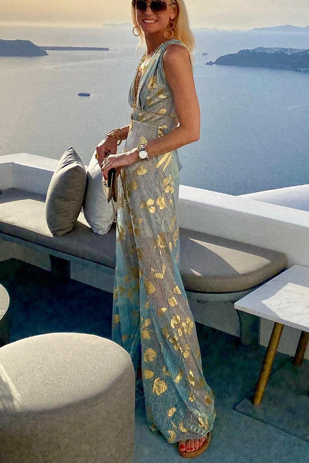 EP | Robe longue avec décolleté en V et paillettes dorées