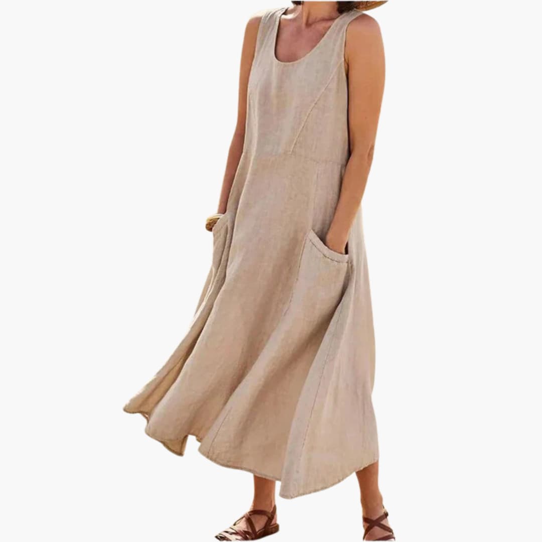 EP | Femmes lin robe midi sans manches avec col rond et poches