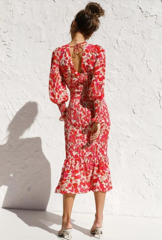 EP | Robe midi femme - décolleté profond en V - manches ballon - ourlet ruché - silhouette cintrée