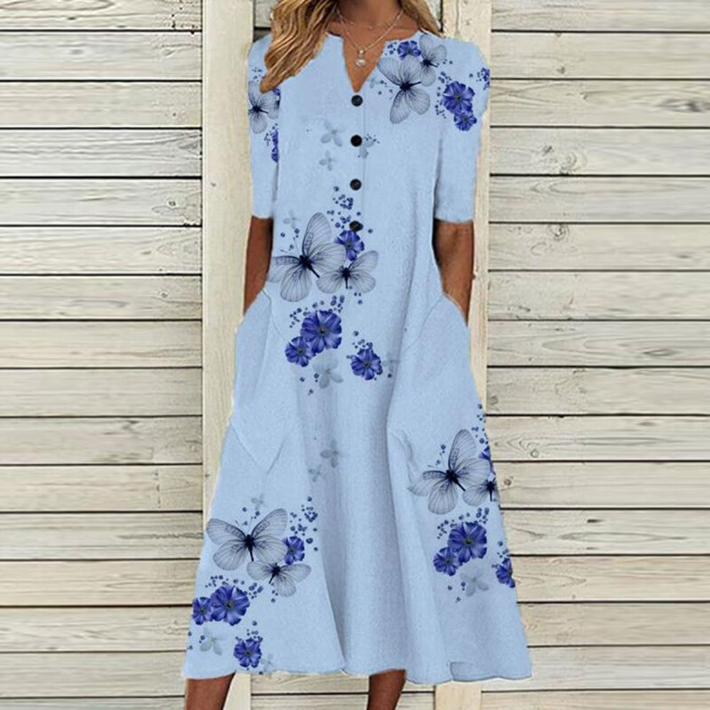 EP | Robe midi pour femme - décolleté en V - boutonnage - manches courtes - imprimé floral papillon - poches