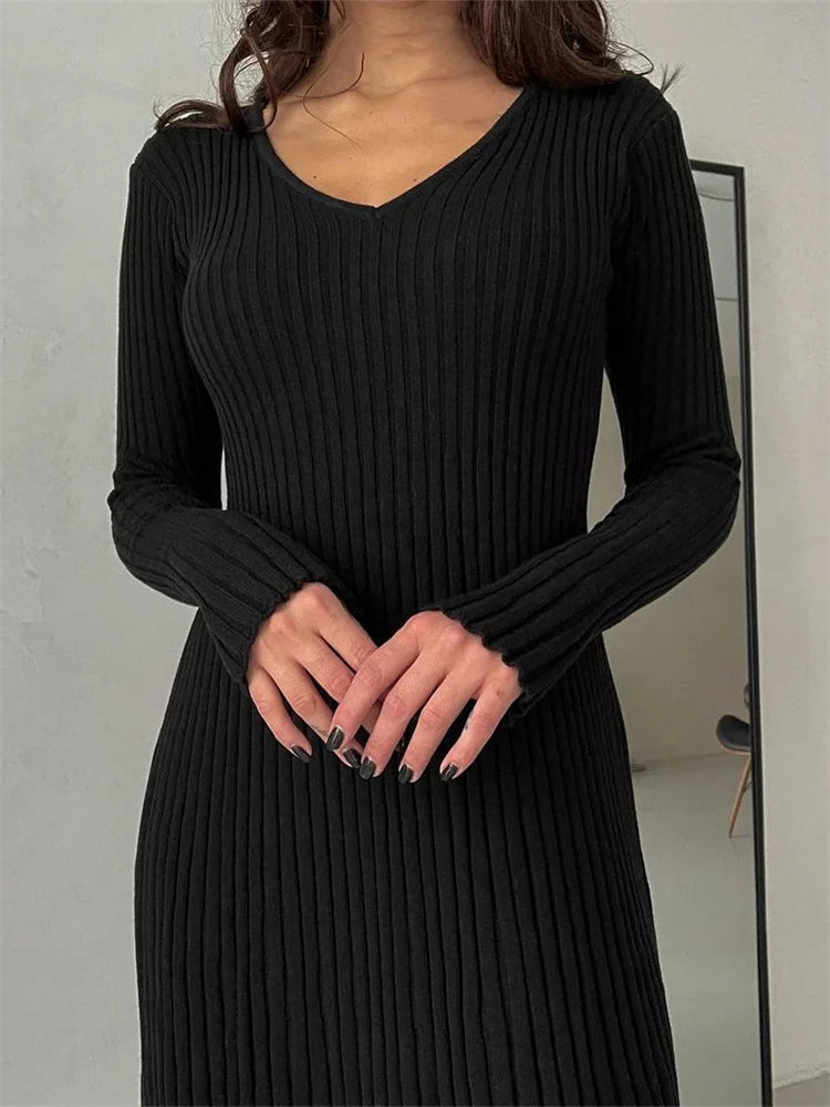 EP | robe midi à manches longues côtelée Slim Fit Solid Automne